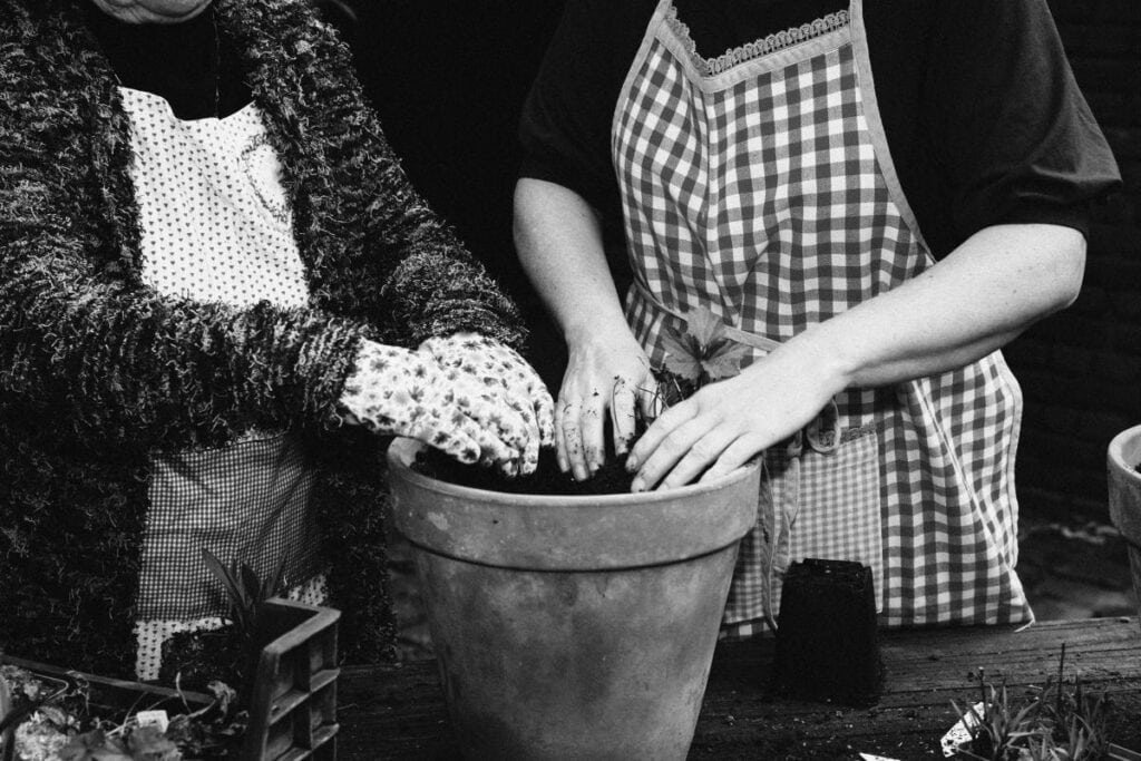 Handen van moeder en dochter die samen een vaste plant inpotten als cadeau voor een tuinliefhebber